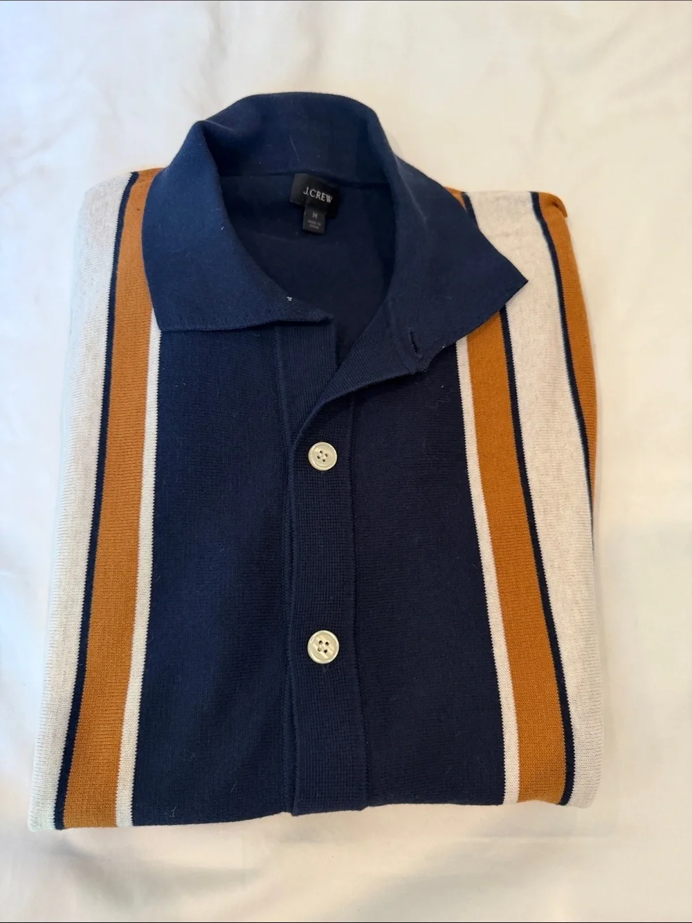 J. Crew Navy Button-Down Shirt with Brown and White Vertical Stripes